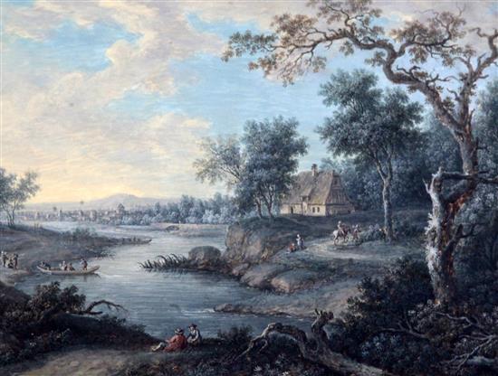 Attributed to Henri Desire Van Blarenberge (1734-1812) Figures in a river landscape 6.5 x 8.25in.